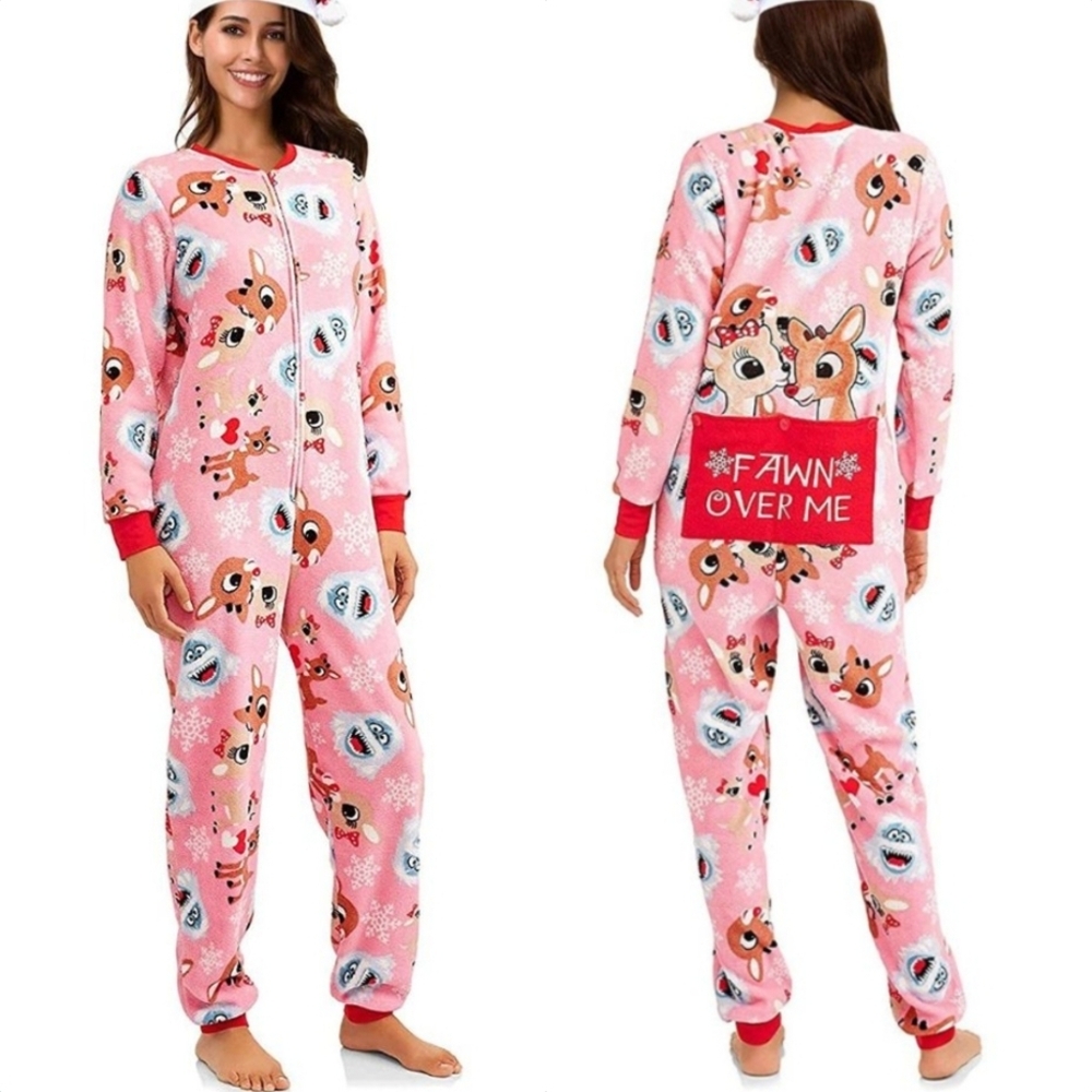 Rudolf The Red Nosed Reindeer Fawn Over Me Fuzzy Zip Up Onesie Jumpsuit Pajama